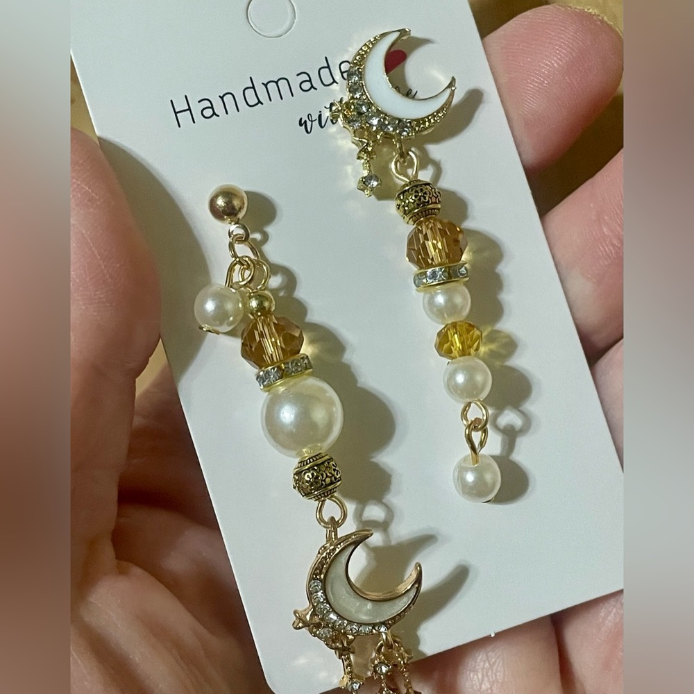 Gold Moon and Pearl Drop Earrings with Amber Crystals